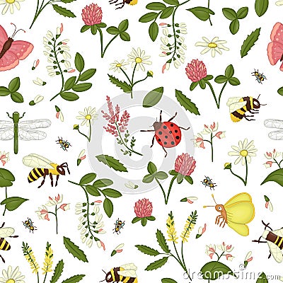 Vector seamless pattern of wild flowers, bee, bumblebee, dragonfly, ladybug, moth, butterfly Vector Illustration