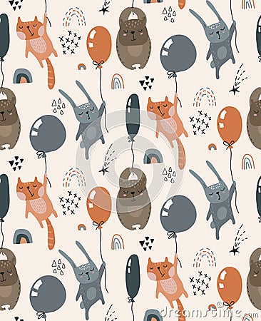 Vector seamless pattern with wild forest animals fliyng on balloons. Vector Illustration