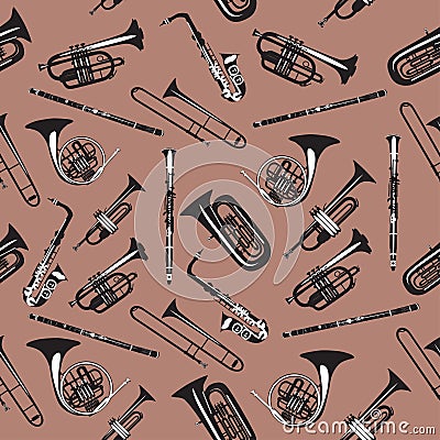 Vector seamless pattern with wind musical instruments. Vector Illustration