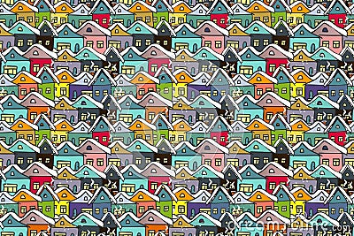 Winter cityscape. Many hand drawn multicolored houses. Vector Illustration