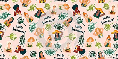 Vector seamless pattern with women in swimsuit and tropical plants. Summer holliday, vacation, travel. Vector Illustration