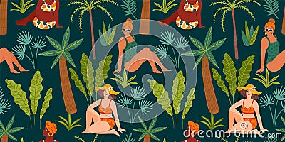 Vector seamless pattern with women in swimsuit and tropical plants. Summer holliday, vacation, travel. Vector Illustration