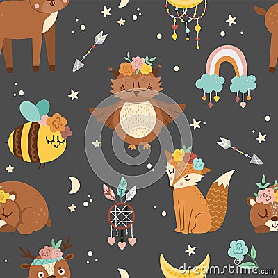 Vector seamless pattern with woodland animals, rainbow, dreamcatcher. Boho forest repeating background. Bohemian digital paper Vector Illustration