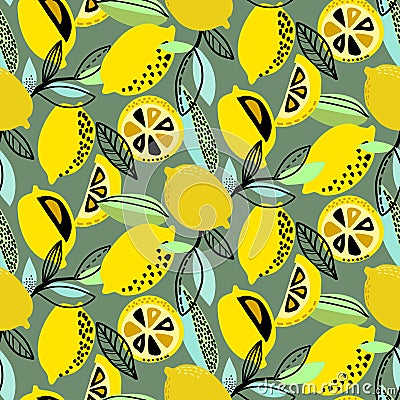 Vector seamless pattern with yellow lemons, branches, absdtact textures Vector Illustration