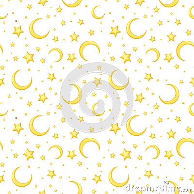 Vector seamless pattern with yellow stars and crescents on white. Vector Illustration