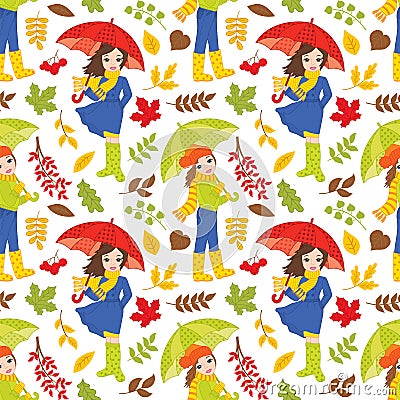 Vector Seamless Pattern with Young Girls and Autumn Colorful Leaves Vector Illustration