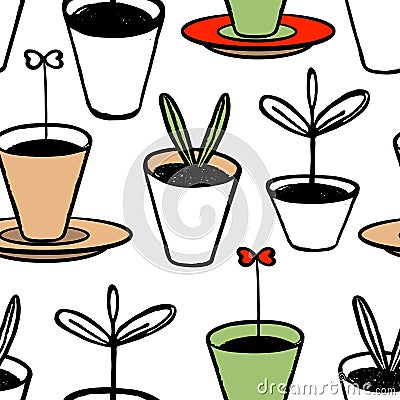 Vector seamless pattern. Young shoots in flower pots. Doodle style, hand-drawn, forcing plants, seedlings in pots. Black outline Vector Illustration