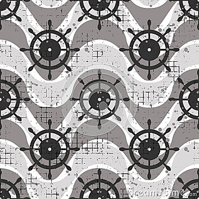 Vector seamless patterns Background with steering wheel, waves Creative geometric vintage backgrounds, nautical theme Graphic illu Vector Illustration