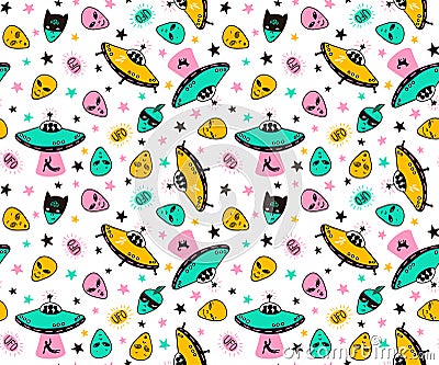 Vector seamless patterns with funny ufo. Colorful space seamless background for child fabric design. Vector Illustration