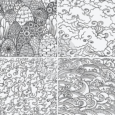 Vector seamless patterns with 4 nature elements Vector Illustration