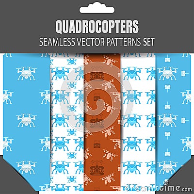 Vector seamless patterns set of quadrocopters and remote controls in package with shadow. Vector Illustration