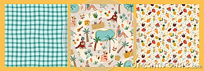 Vector seamless patterns with women in swimsuit on tropical beach and summer symbols. Summer holliday, vacation, travel. Vector Illustration