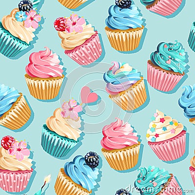 Vector seamless pink and blue cupcake pattern Vector Illustration
