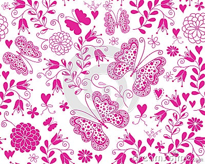 Vector seamless monochrome floral valentines pattern with hearts and butterflies in doodle style Vector Illustration