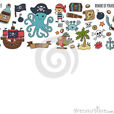 Vector seamless pattern Pirate party for children Kindergarten Kids children drawing style illustration Picutre with Vector Illustration