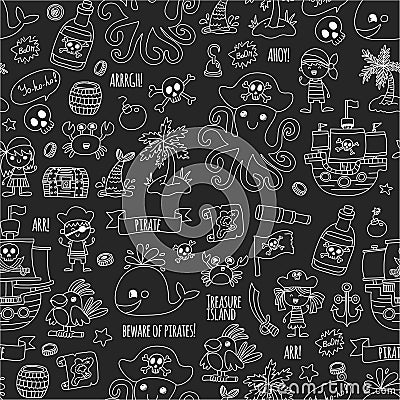 Vector seamless pattern Pirate party for children Kindergarten Kids children drawing style illustration Picutre with Vector Illustration