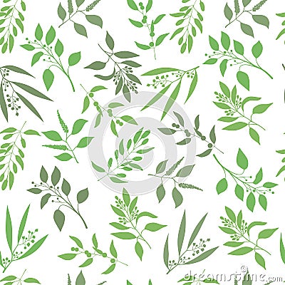 Vector seamless plant background. Endless pattern with green twigs and leaves silhouette. Vector Illustration