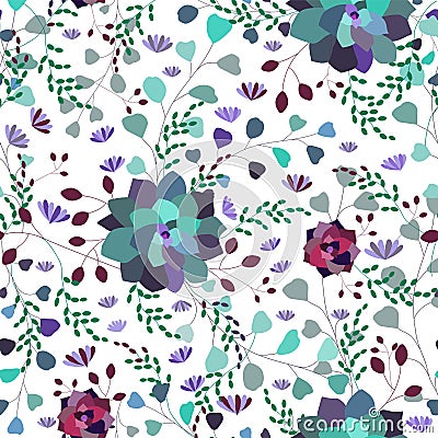 Vector seamless print,pattern with flowers,foliage,leaves,succulents on the transparent background Vector Illustration