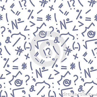 Vector seamless punctuation pattern. Hand-drawn scribbles with a blue pen. Question mark, Exclamation mark, Brackets Vector Illustration