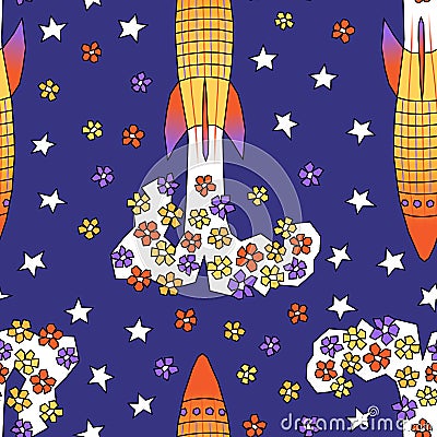 Vector seamless retro pattern with flower-fuelled rockets taking off into space Vector Illustration