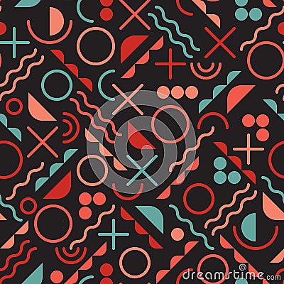 Vector Seamless Retro 80's Jumble Geometric Line Shapes Pink Blue Color Hipster Pattern on Black Background Stock Photo