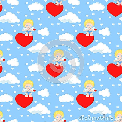 Vector seamless romantic pattern with cute cupid sitting on heart Vector Illustration
