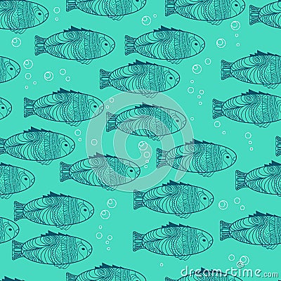 Vector seamless scales pattern with hand draw blue fishes Vector Illustration