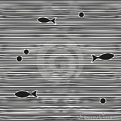 Vector seamless sea pattern with black and white horisontal lines and fishes Vector Illustration
