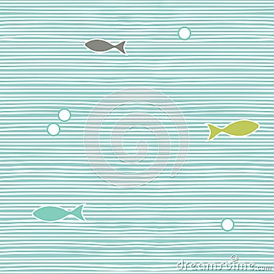 Vector seamless sea pattern with blue and white horisontal lines and fishes Vector Illustration