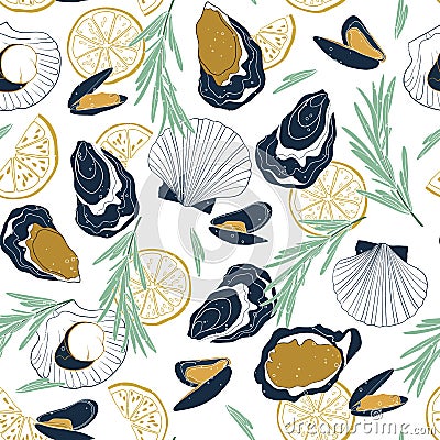 Vector seamless seafood pattern with clams on white background. Vector Illustration