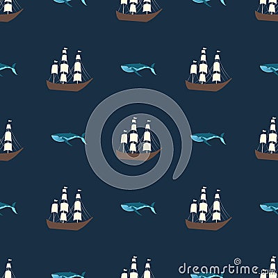 Vector seamless ship and whale pattern. Ocean or sea background Vector Illustration