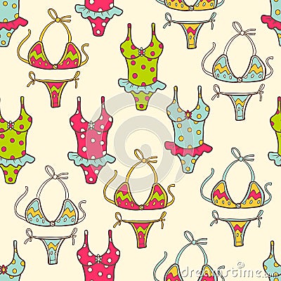 Vector seamless summer pattern with color swim suits, bikini. Br Vector Illustration