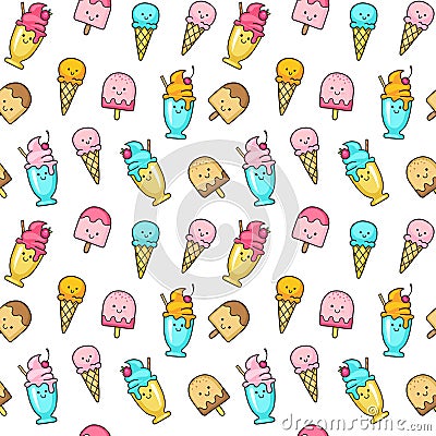 Vector seamless summer pattern with ice cream. Cones ice cream and ice lolly on white background. Frozen desserts. Vector Illustration