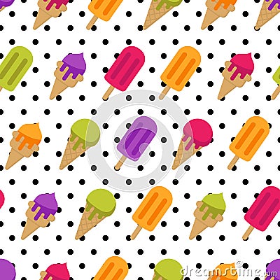 Vector seamless summer pattern with multicolor ice cream. Cones ice cream and ice lolly and polka dot background. Vector Illustration