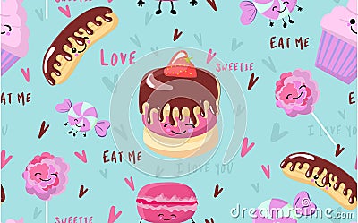 Vector seamless summer, sweet desserts, ice cream, popsicle, cake and cupcakes. love lettering Stock Photo