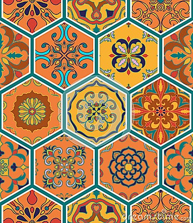 Vector seamless texture. Beautiful patchwork pattern for design and fashion with decorative elements in hexagon Vector Illustration