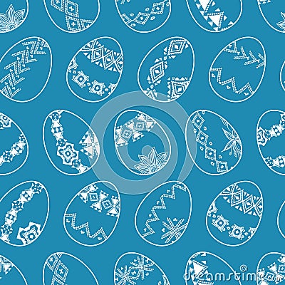 Vector seamless texture. Easter eggs with tribal borders and flowers on blue background Vector Illustration
