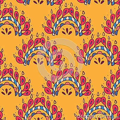 Vector seamless texture with ethnic or psychedelic symbols, doodle vector illustration. Endless background. yellow Red Vector Illustration