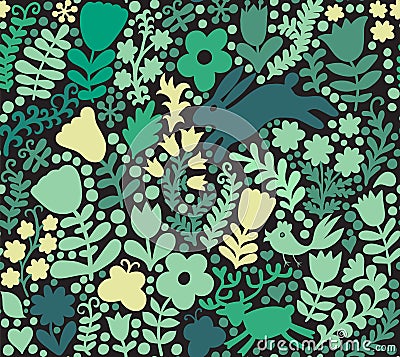 vector seamless texture with flowers, birds and butterflies. Autumn seamless floral background, forest illustration, backdrop Vector Illustration