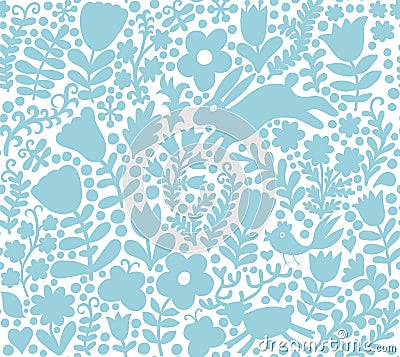 vector seamless texture with flowers, birds and butterflies. Autumn seamless floral background, forest illustration, backdrop Vector Illustration