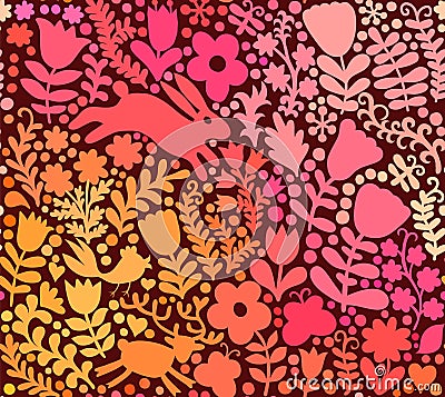 vector seamless texture with flowers, birds and butterflies. Autumn seamless floral background, forest illustration, backdrop Vector Illustration