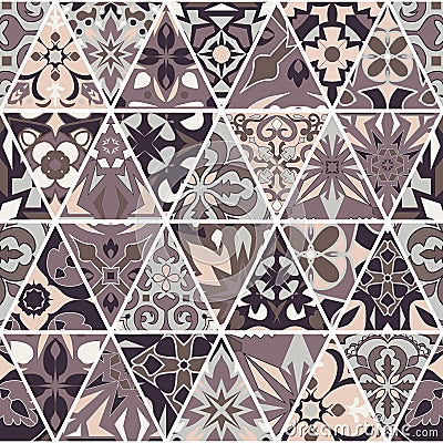 Vector seamless texture. Mosaic patchwork ornament with triangle elements. Portuguese azulejos decorative pattern Vector Illustration