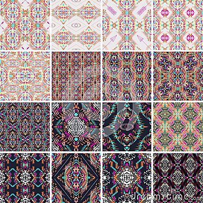 Vector seamless texture. Set of tribal colorful patterns for design. Electro boho color trend. Aztec ornamental style. Vector Illustration