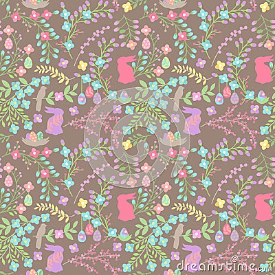 Vector Seamless Tileable Easter Background Pattern with Flowers Vector Illustration
