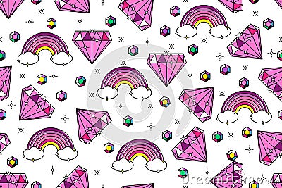Vector seamless tiling pattern with diamonds and rainbow in cute Stock Photo