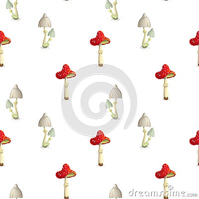 vector seamless toadstool and fly mushroom pattern on white backdrop. poisonous mushroom background. Fly agaric and toadstool in Cartoon Illustration