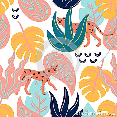 Cheetah are in the jungle. Trendy tropical vector seamless pattern Vector Illustration