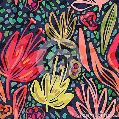 Vector seamless tropical pattern with bright minimalistic flowers on dark background, vivid colors floral summer print Vector Illustration