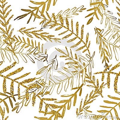 Vector seamless tropical pattern with gold leaves. Golden and white palm leaf background. Trendy summer design. Vector Illustration