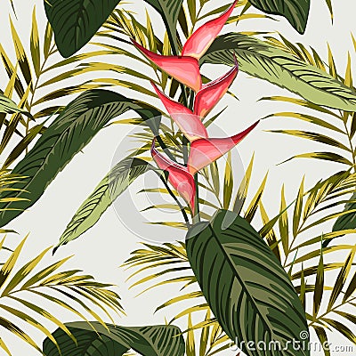 Vector seamless tropical pattern, tropic foliage, with palm leaves, bird of paradise flower, heliconia in bloom. Vector Illustration